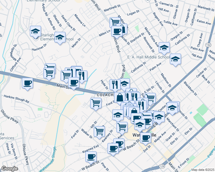 map of restaurants, bars, coffee shops, grocery stores, and more near 31 Western Drive in Watsonville
