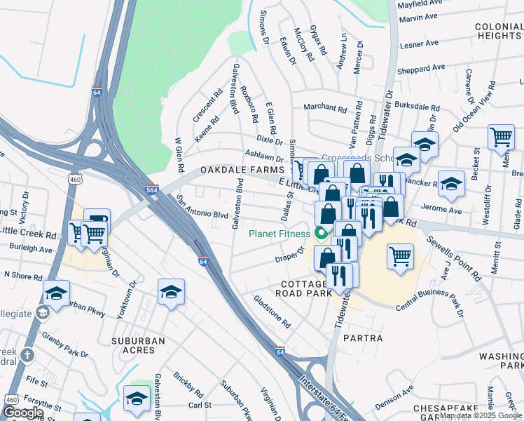 map of restaurants, bars, coffee shops, grocery stores, and more near 444 Munden Avenue in Norfolk
