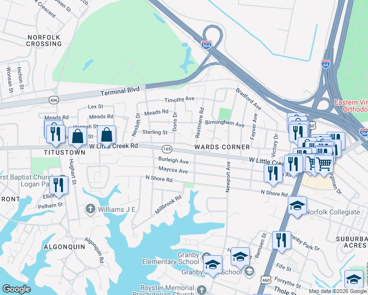 map of restaurants, bars, coffee shops, grocery stores, and more near 502 Grantham Road in Norfolk