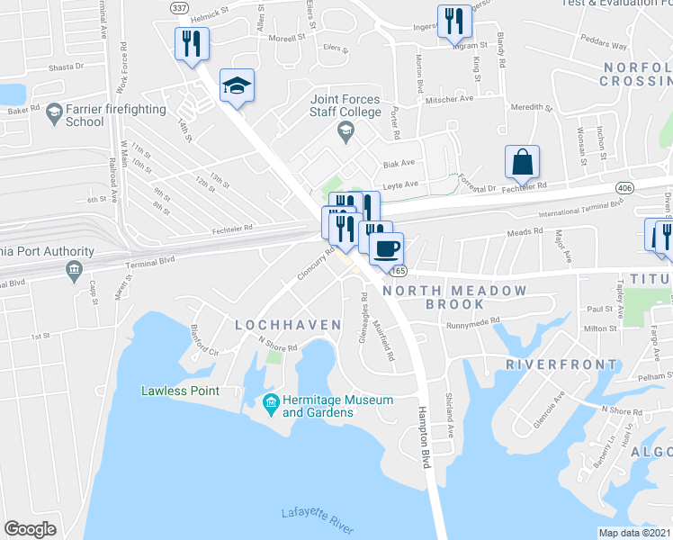 map of restaurants, bars, coffee shops, grocery stores, and more near 7701 Hampton Boulevard in Norfolk