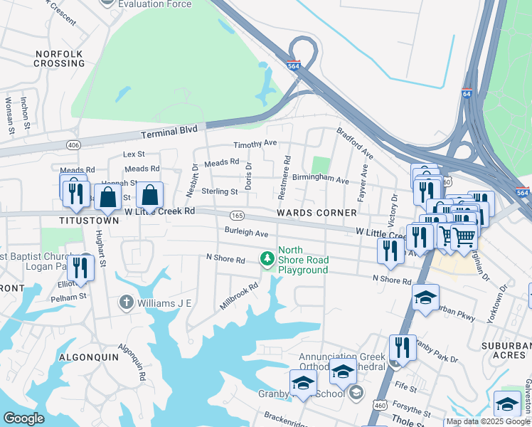 map of restaurants, bars, coffee shops, grocery stores, and more near 502 Grantham Road in Norfolk