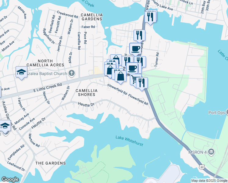 map of restaurants, bars, coffee shops, grocery stores, and more near 3857 Flowerfield Road in Norfolk