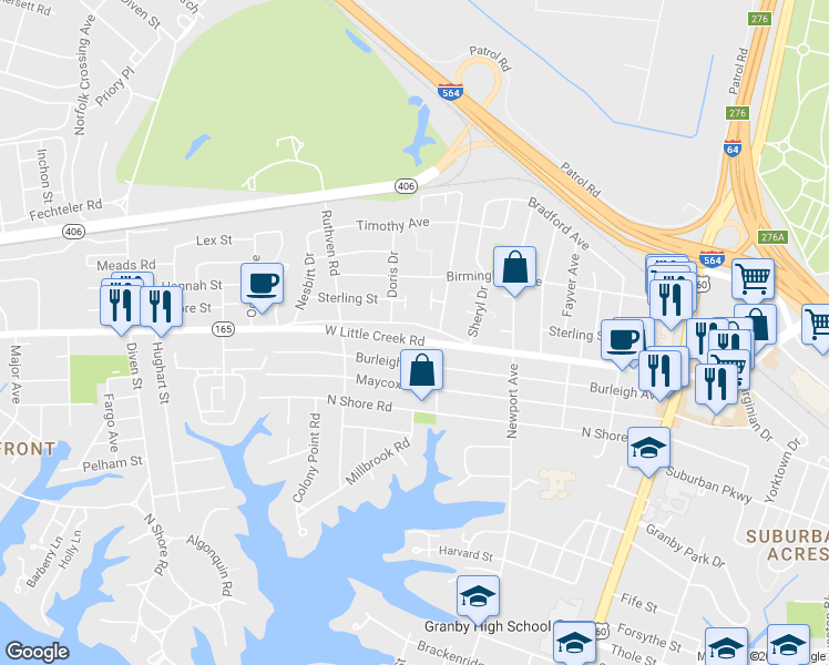 map of restaurants, bars, coffee shops, grocery stores, and more near 512 West Little Creek Road in Norfolk