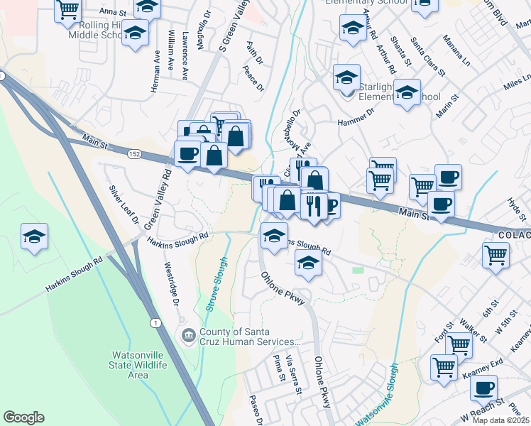 map of restaurants, bars, coffee shops, grocery stores, and more near 20 Ohlone Pkwy in Watsonville