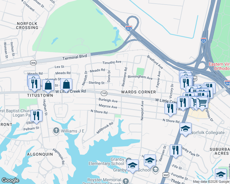 map of restaurants, bars, coffee shops, grocery stores, and more near 502 Grantham Road in Norfolk