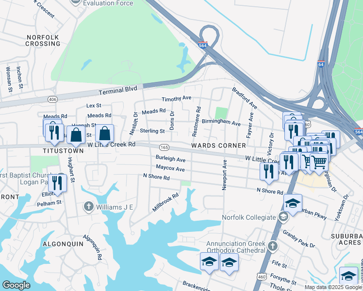 map of restaurants, bars, coffee shops, grocery stores, and more near 512 West Little Creek Road in Norfolk
