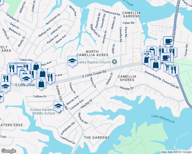 map of restaurants, bars, coffee shops, grocery stores, and more near 2901 E Little Creek Rd in Norfolk