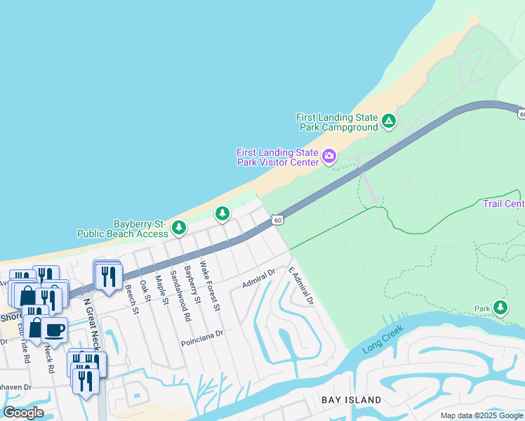map of restaurants, bars, coffee shops, grocery stores, and more near 2317 Kendall Street in Virginia Beach