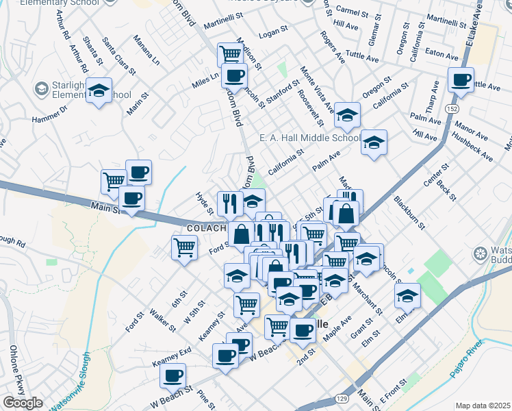 map of restaurants, bars, coffee shops, grocery stores, and more near 105 Palm Avenue in Watsonville