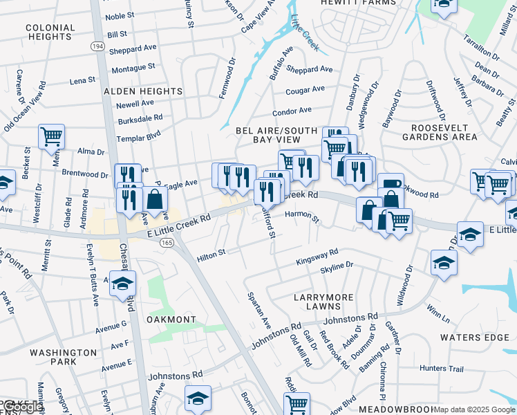 map of restaurants, bars, coffee shops, grocery stores, and more near 1511 East Little Creek Road in Norfolk