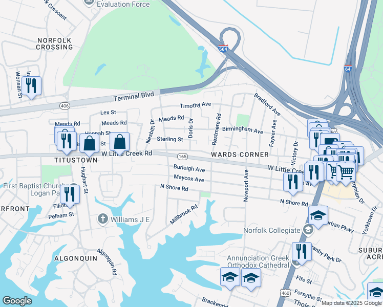 map of restaurants, bars, coffee shops, grocery stores, and more near 522 West Little Creek Road in Norfolk