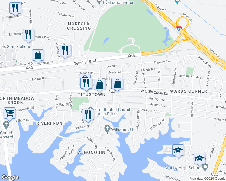 map of restaurants, bars, coffee shops, grocery stores, and more near W Little Creek Rd & Armfield Ave in Norfolk
