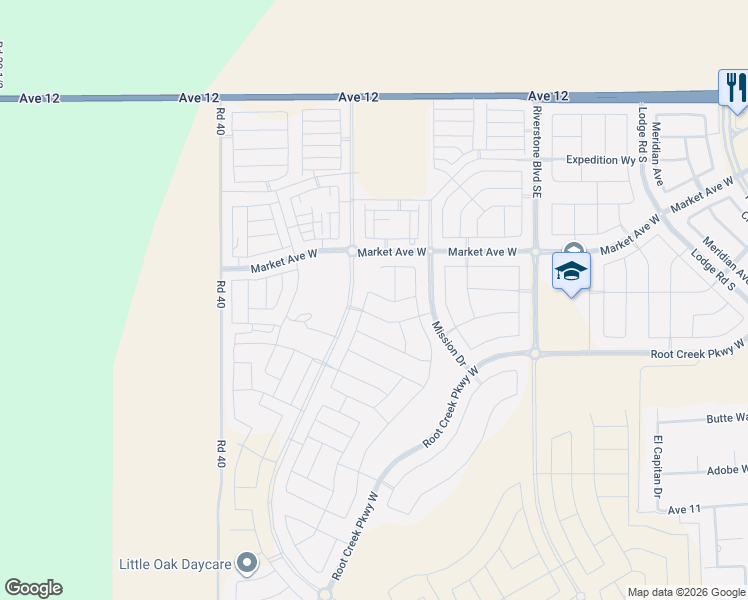 map of restaurants, bars, coffee shops, grocery stores, and more near Market Avenue in Madera