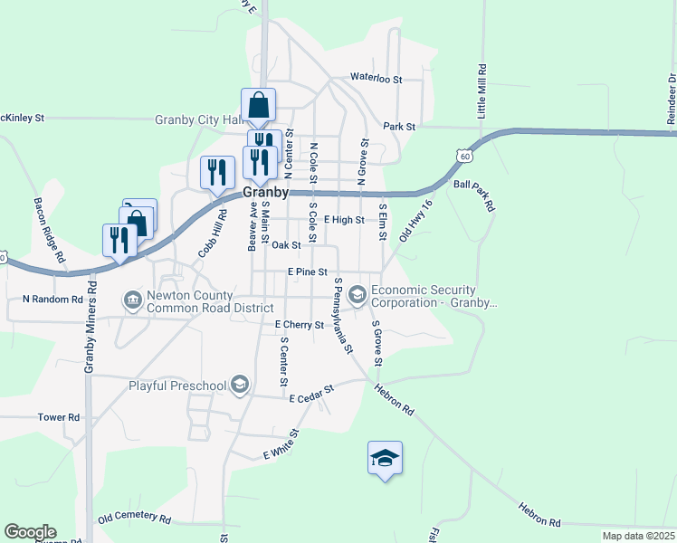 map of restaurants, bars, coffee shops, grocery stores, and more near 401 East Pine Street in Granby