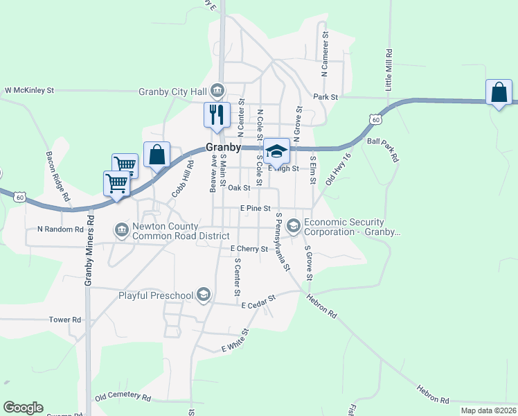 map of restaurants, bars, coffee shops, grocery stores, and more near 323 East Pine Street in Granby