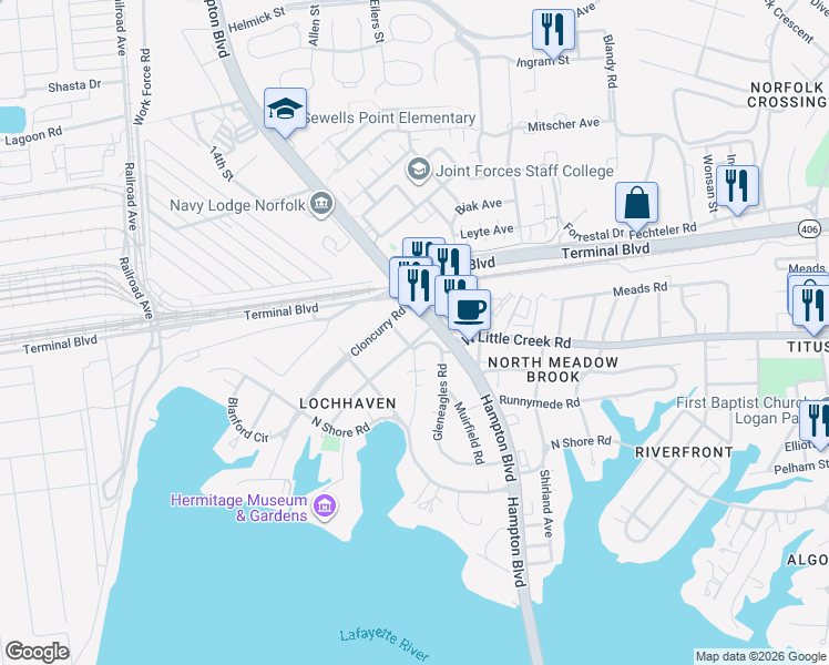 map of restaurants, bars, coffee shops, grocery stores, and more near 1214 Daniel Avenue in Norfolk