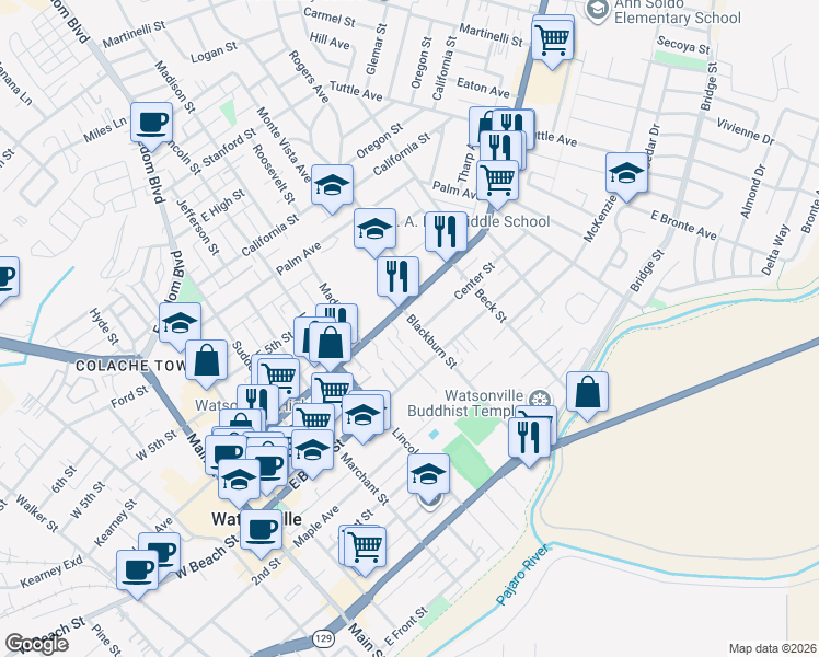 map of restaurants, bars, coffee shops, grocery stores, and more near 602 Blackburn Street in Watsonville