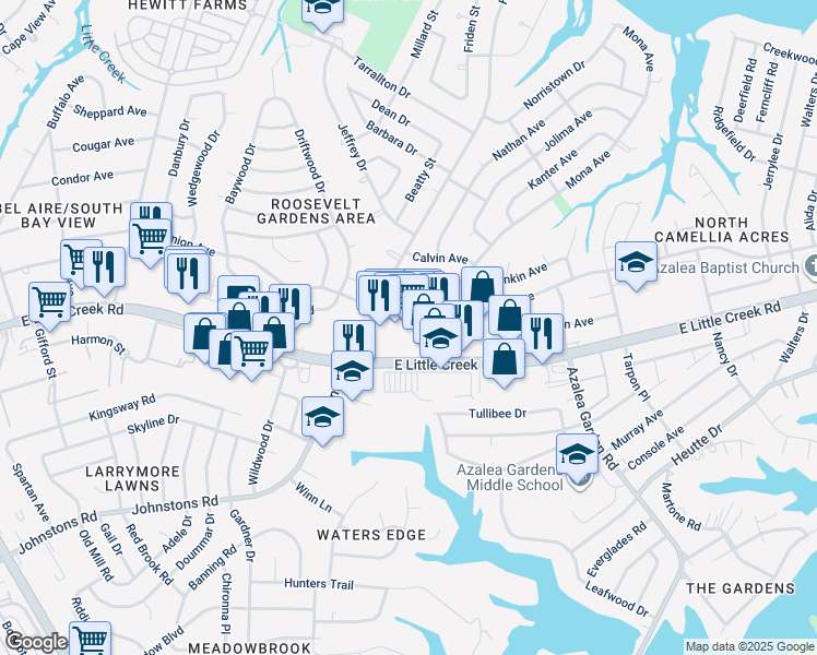 map of restaurants, bars, coffee shops, grocery stores, and more near 2338 East Little Creek Road in Norfolk