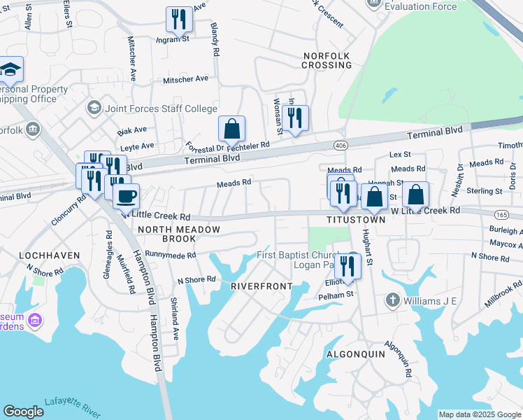 map of restaurants, bars, coffee shops, grocery stores, and more near 1418 West Little Creek Road in Norfolk