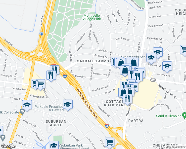 map of restaurants, bars, coffee shops, grocery stores, and more near 7814 Galveston Boulevard in Norfolk