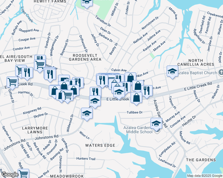 map of restaurants, bars, coffee shops, grocery stores, and more near 2338 East Little Creek Road in Norfolk