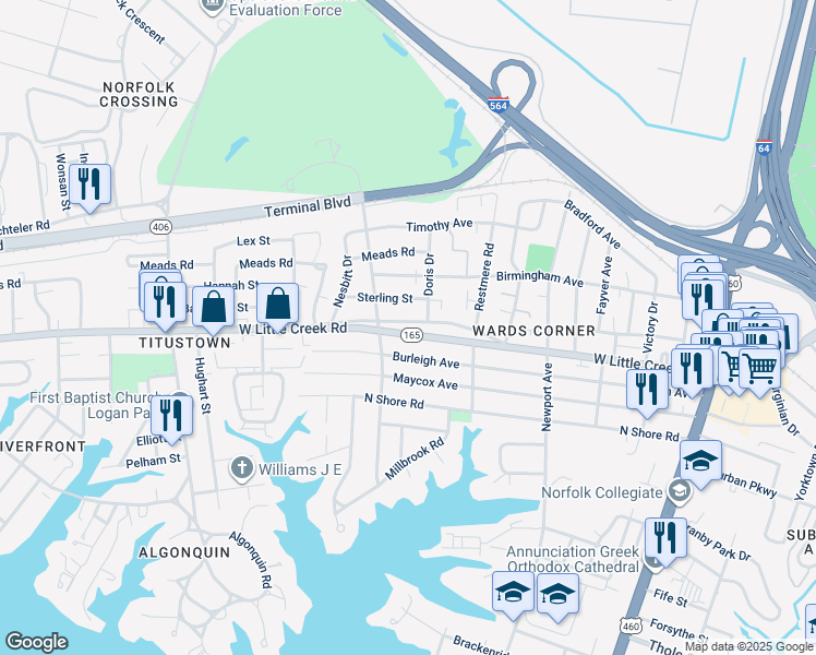 map of restaurants, bars, coffee shops, grocery stores, and more near 534 West Little Creek Road in Norfolk