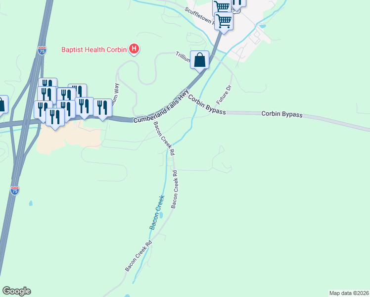 map of restaurants, bars, coffee shops, grocery stores, and more near 195 Bacon Creek Road in Corbin