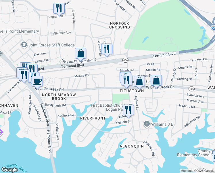 map of restaurants, bars, coffee shops, grocery stores, and more near 7704 Enfield Avenue in Norfolk