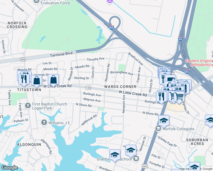 map of restaurants, bars, coffee shops, grocery stores, and more near 7610 Restmere Road in Norfolk