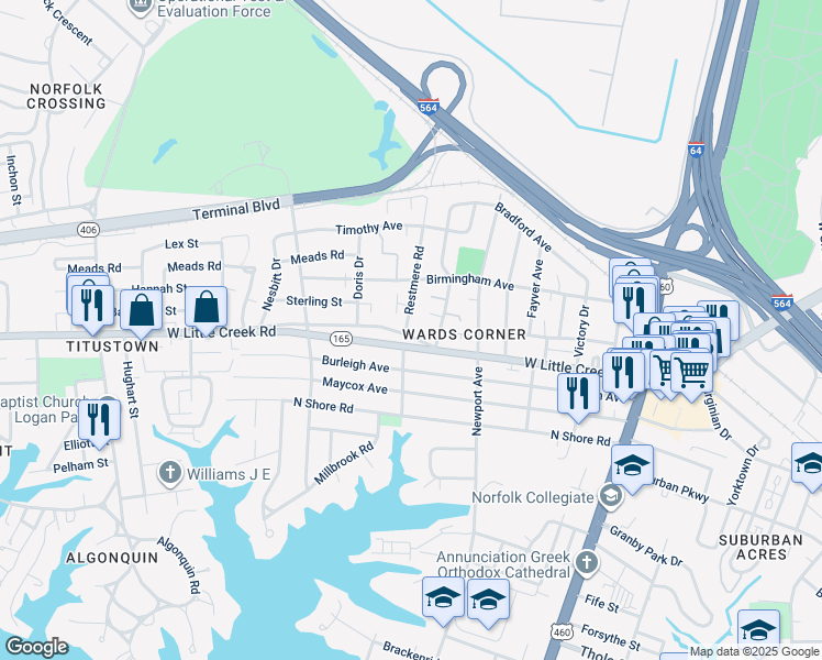 map of restaurants, bars, coffee shops, grocery stores, and more near 7610 Restmere Road in Norfolk