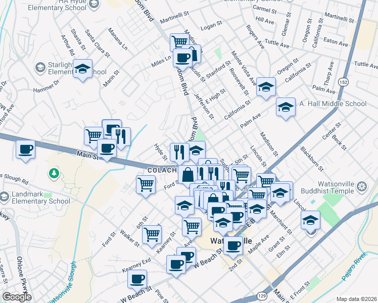map of restaurants, bars, coffee shops, grocery stores, and more near 771 Freedom Boulevard in Watsonville