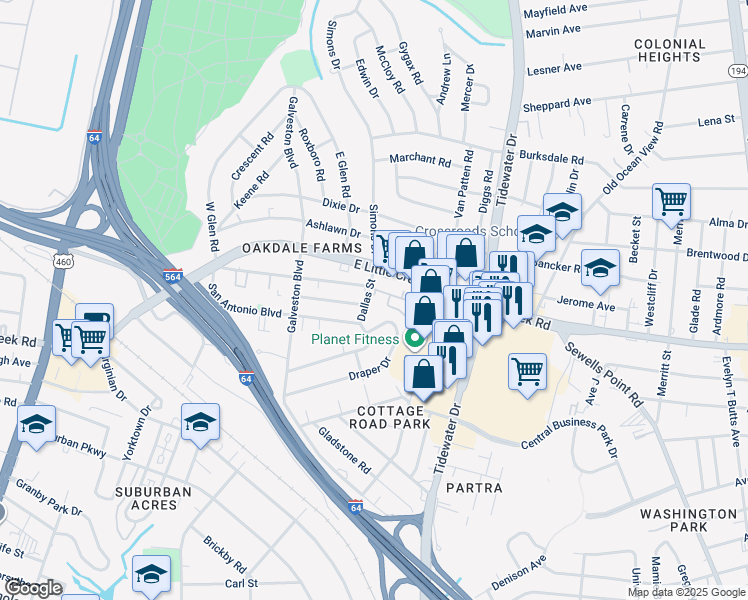 map of restaurants, bars, coffee shops, grocery stores, and more near 7848 Dallas Street in Norfolk