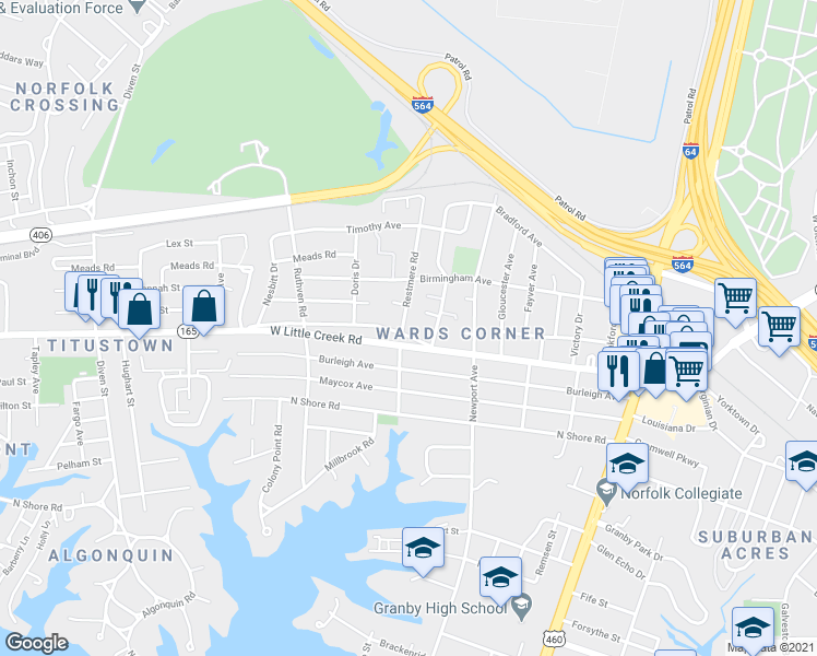 map of restaurants, bars, coffee shops, grocery stores, and more near 502 Grantham Road in Norfolk