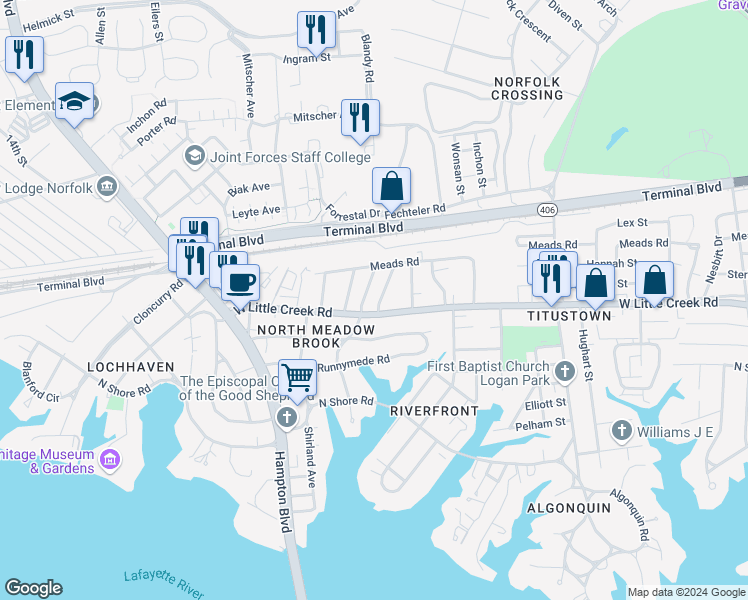 map of restaurants, bars, coffee shops, grocery stores, and more near 7708 Cortlandt Place in Norfolk