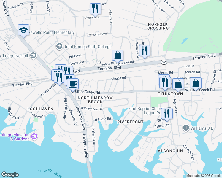 map of restaurants, bars, coffee shops, grocery stores, and more near 7708 Cortlandt Place in Norfolk