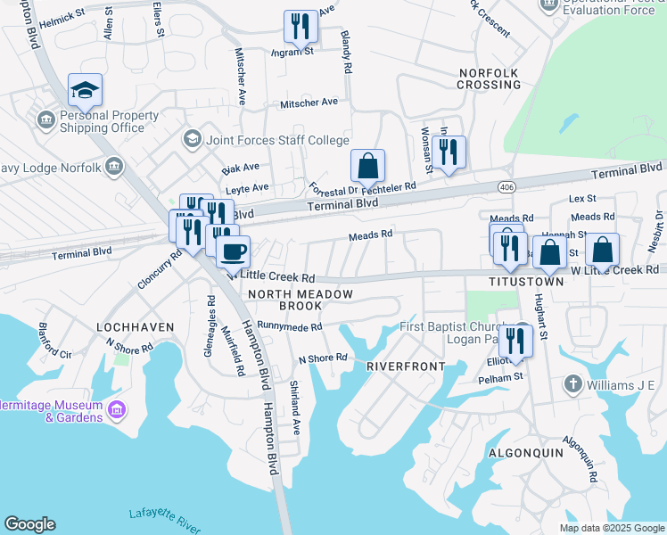 map of restaurants, bars, coffee shops, grocery stores, and more near 7705 Lambert Place in Norfolk