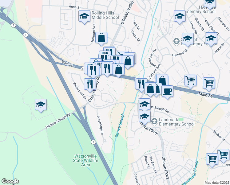 map of restaurants, bars, coffee shops, grocery stores, and more near 1999 Main Street in Watsonville