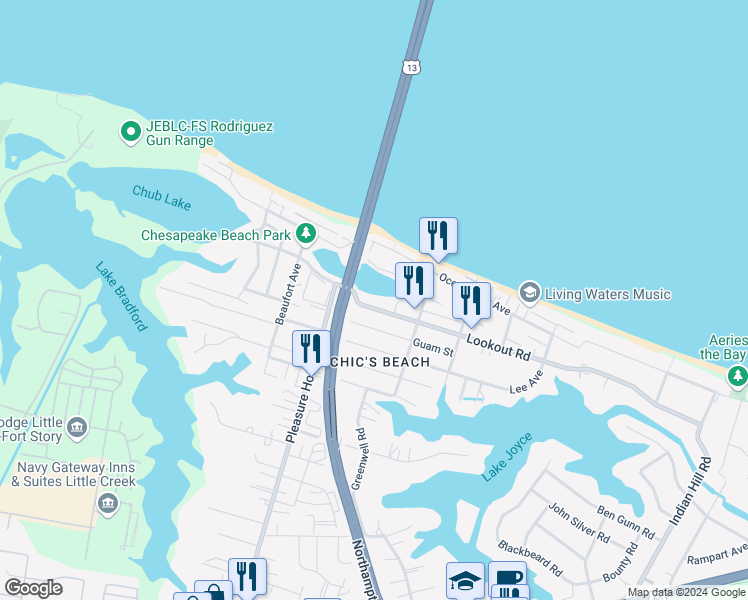 map of restaurants, bars, coffee shops, grocery stores, and more near 4644 Lookout Road in Virginia Beach