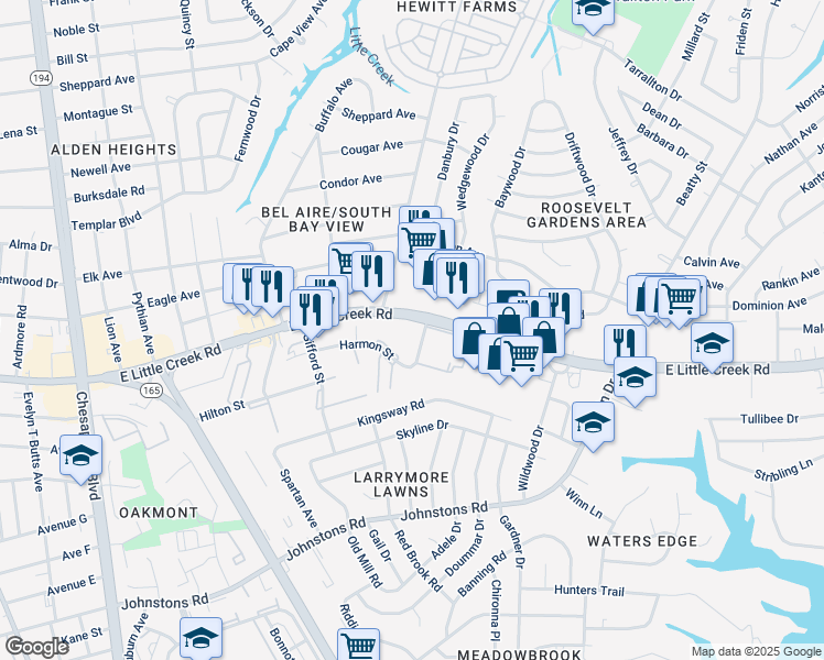 map of restaurants, bars, coffee shops, grocery stores, and more near 1731 East Little Creek Road in Norfolk