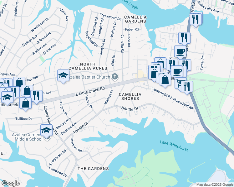 map of restaurants, bars, coffee shops, grocery stores, and more near 7829 Camellia Road in Norfolk