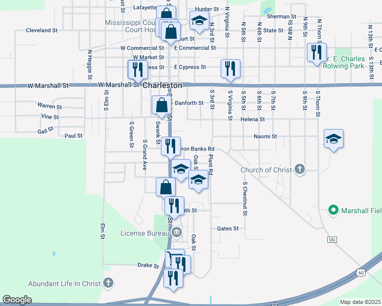 map of restaurants, bars, coffee shops, grocery stores, and more near 245-257 East Iron Banks Road in Charleston