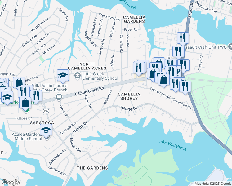 map of restaurants, bars, coffee shops, grocery stores, and more near 7829 Camellia Road in Norfolk