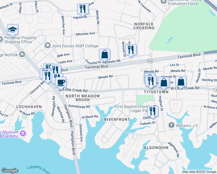 map of restaurants, bars, coffee shops, grocery stores, and more near 1440 West Little Creek Road in Norfolk