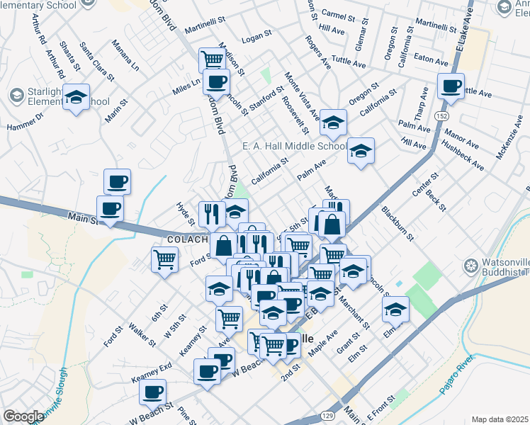map of restaurants, bars, coffee shops, grocery stores, and more near 140 Sudden Street in Watsonville