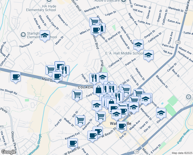 map of restaurants, bars, coffee shops, grocery stores, and more near 771 Freedom Boulevard in Watsonville
