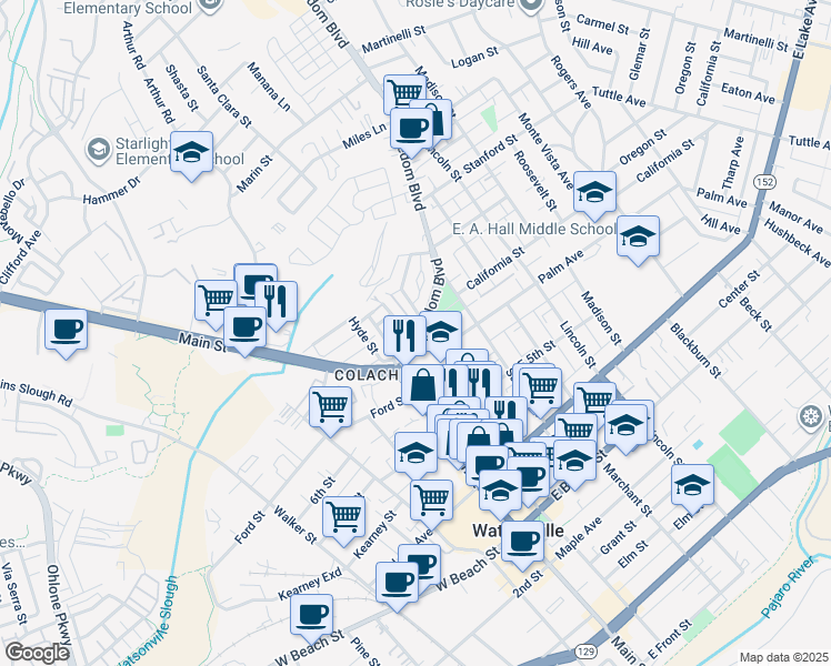 map of restaurants, bars, coffee shops, grocery stores, and more near 771 Freedom Boulevard in Watsonville