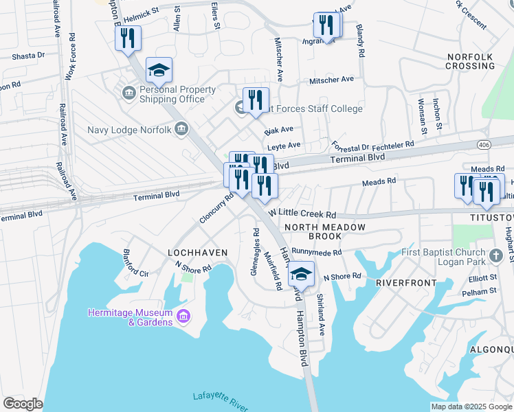 map of restaurants, bars, coffee shops, grocery stores, and more near 7716 Hampton Boulevard in Norfolk