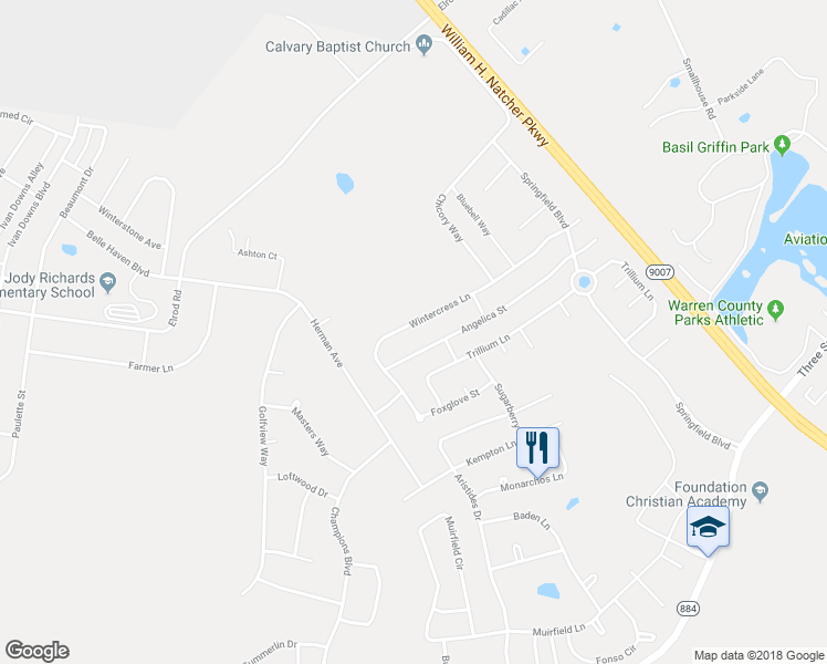 map of restaurants, bars, coffee shops, grocery stores, and more near 969 Wintercress Lane in Bowling Green