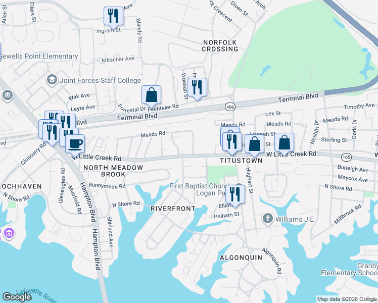 map of restaurants, bars, coffee shops, grocery stores, and more near 7701 Enfield Avenue in Norfolk
