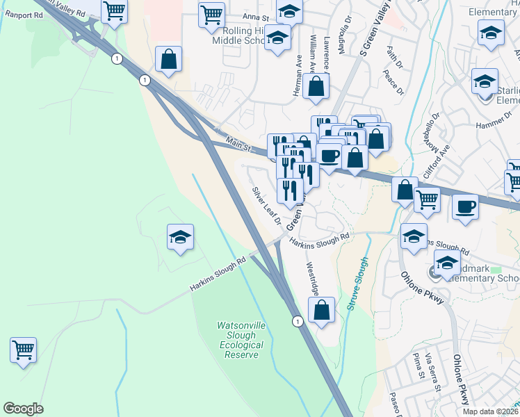 map of restaurants, bars, coffee shops, grocery stores, and more near 201 Silver Leaf Drive in Watsonville